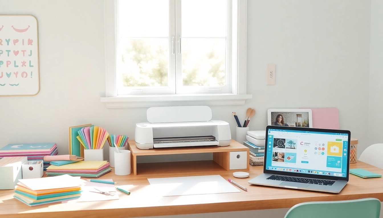 Cricut for beginners: A vibrant crafting workspace with a Cricut machine, colorful materials, and tools.