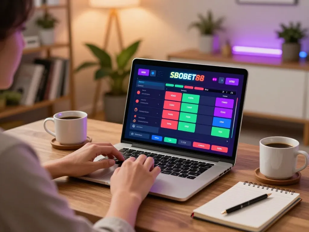 Pengguna SBOBET88 aktif memasang taruhan di laptop dalam pengaturan permainan rumah yang nyaman, menunjukkan perjudian yang bertanggung jawab