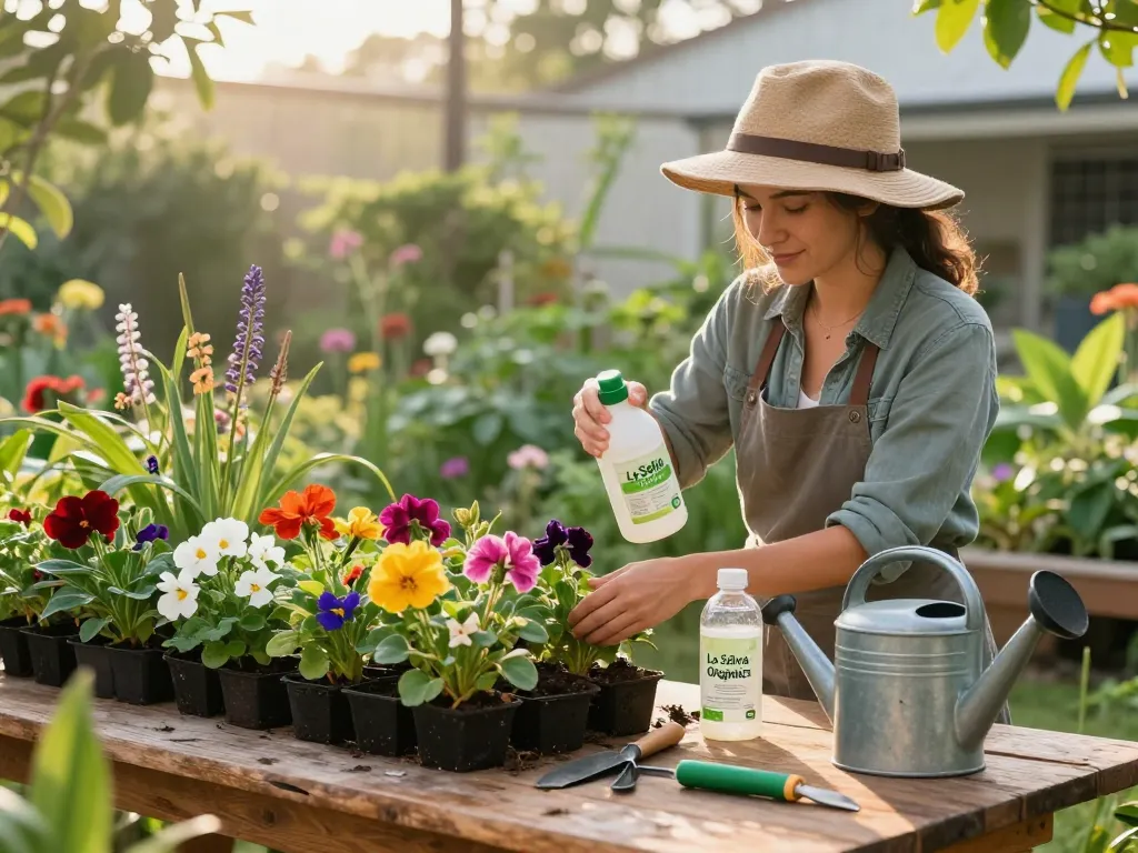 Uso de fertilizante de La Selva Organics en un jardín vibrante, mejorando el crecimiento de las plantas con luz solar natural.