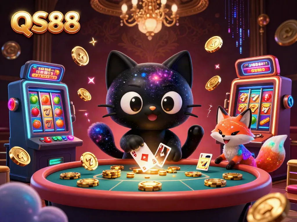 Experience the excitement of QS88 in a cosmic casino with vibrant slot machines and a captivating scene.