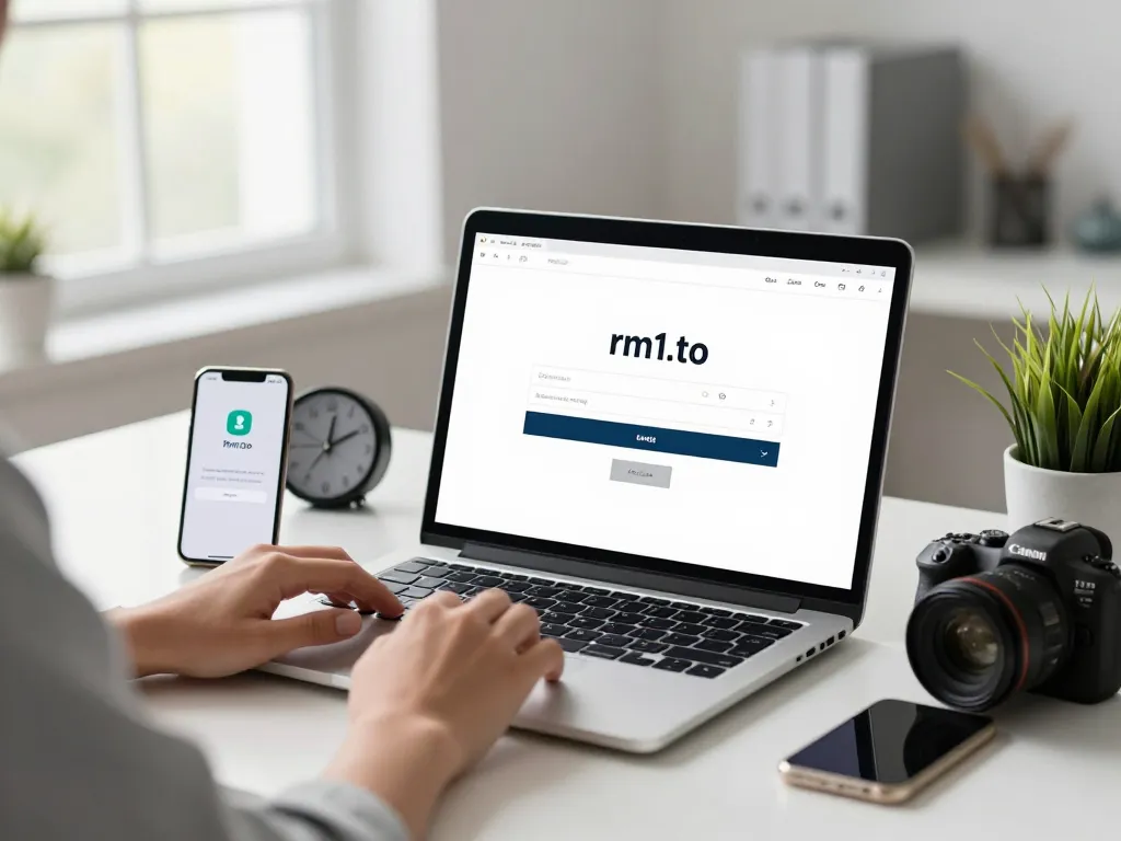 User engaged in secure rm1.to login process at a sleek desk, focusing on a laptop screen.
