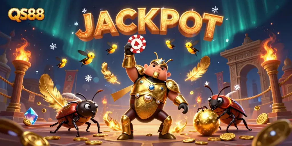 Experience the thrill of QS88's jackpot celebration with dynamic casino elements and vibrant characters.