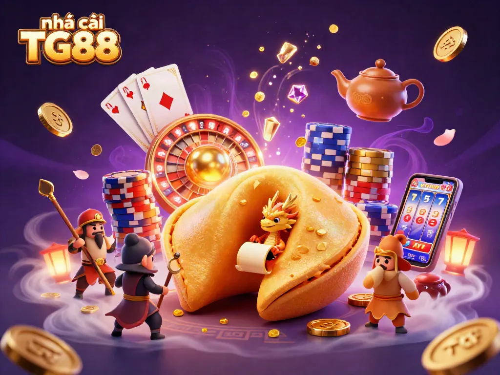 Engage with nhà cái TG88 as a tiny wise dragon reveals fortunes amidst gold and gaming elements.