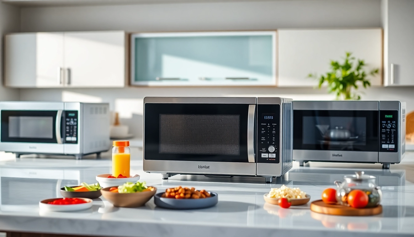 Showcase of microwave oven sales featuring modern designs in an inviting kitchen setting.