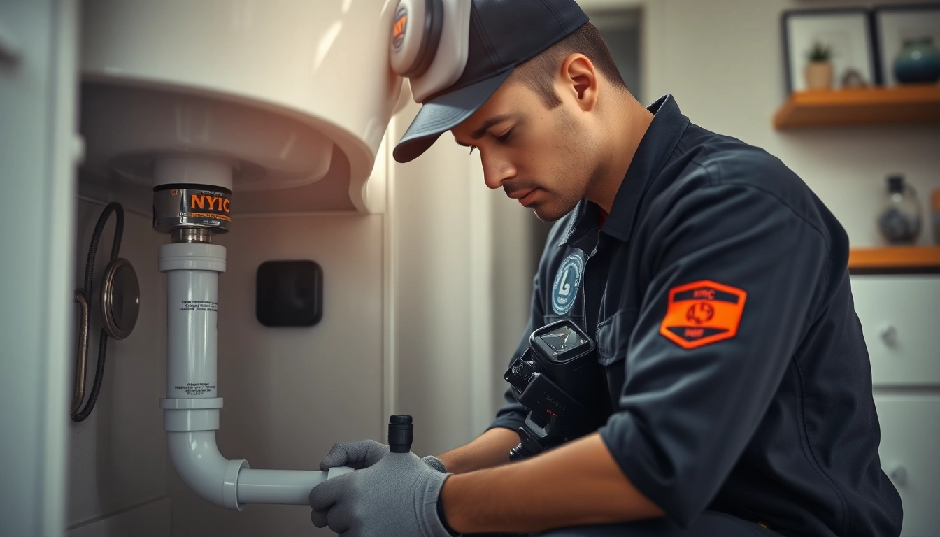 Emergency plumbing help for sewer backup: Professional plumber diagnosing a sewer issue in a New York City apartment.