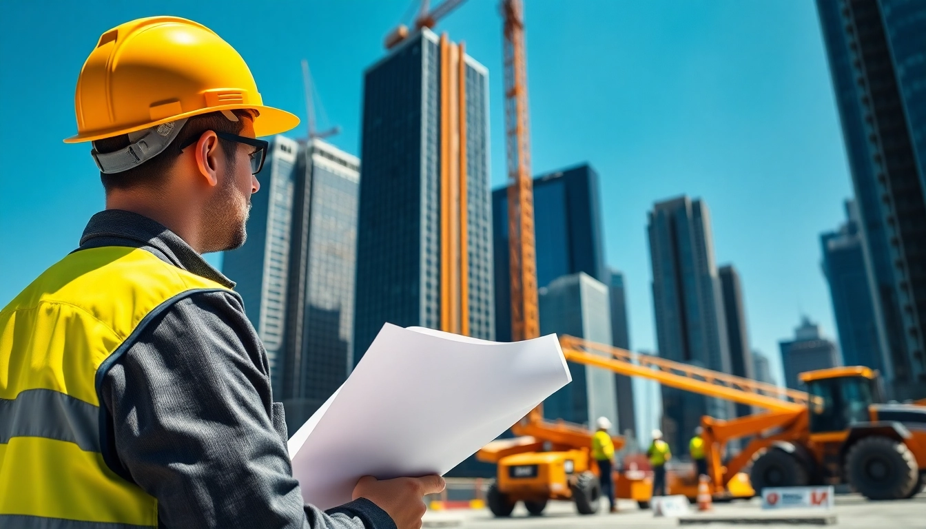 New York Construction Manager supervising a busy construction site with skyscrapers in progress.