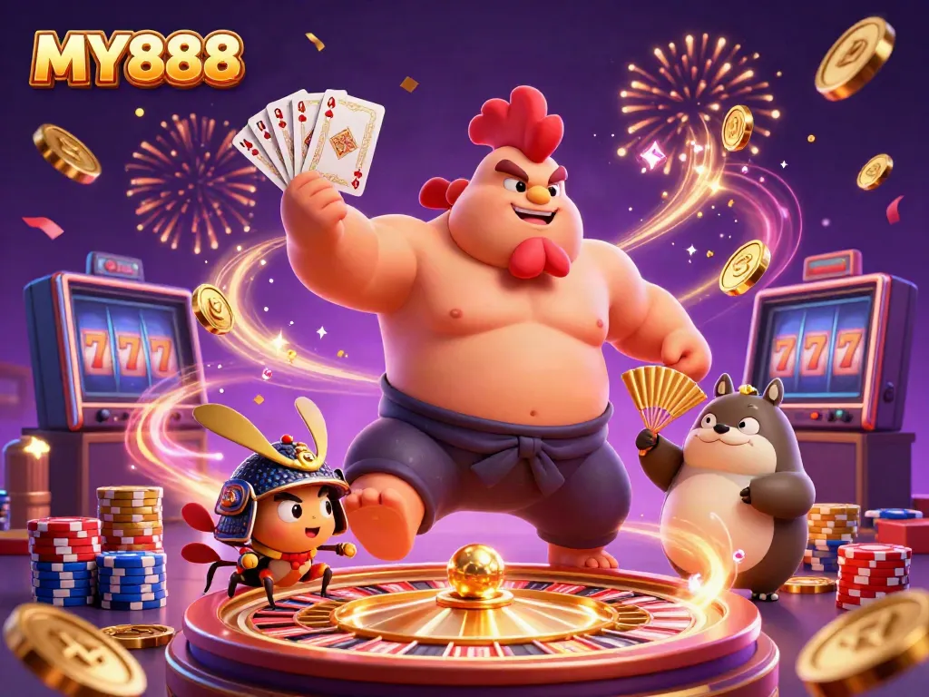 Engage with MY888 in a vibrant casino scene featuring a powerful sumo wrestler rooster and fierce samurai cricket.