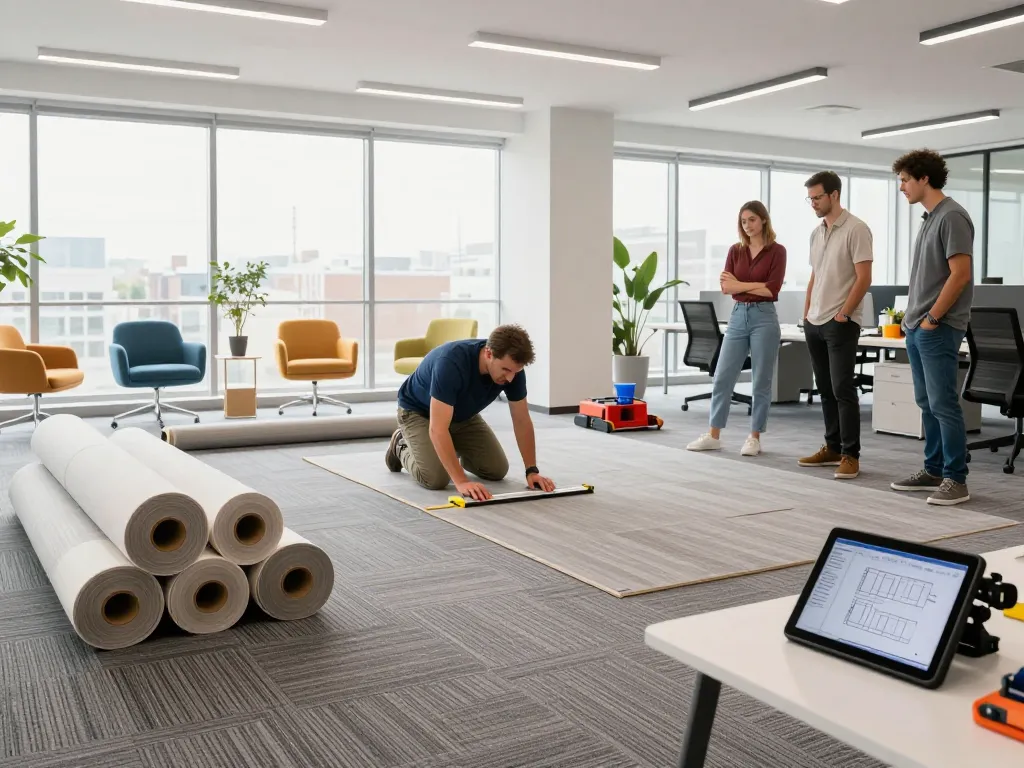 Commercial carpet installation in a modern office with skilled installer laying carpet tiles.