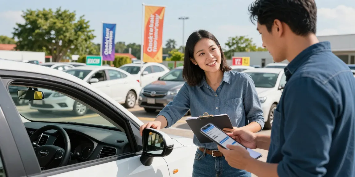 Inspecting a car history report at a dealership to ensure smart purchase.