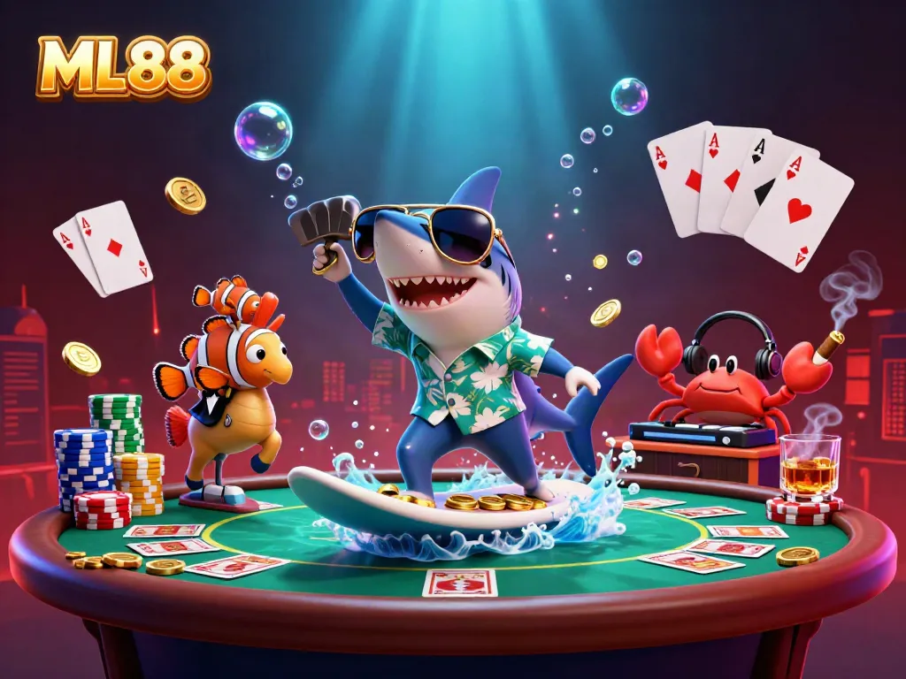 Experience the thrill of ML88 with a vibrant underwater casino featuring a shark surfing gold coins and poker elements.
