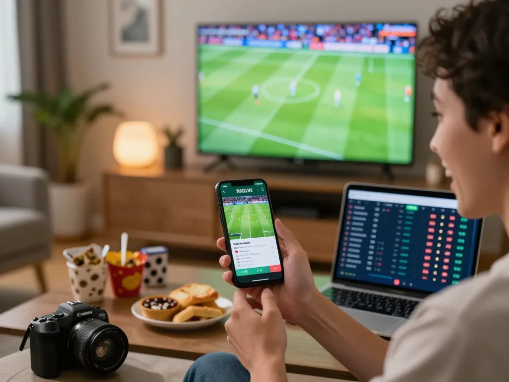 SOCOLIVE user engaging in live sports betting using a smartphone while watching a match.