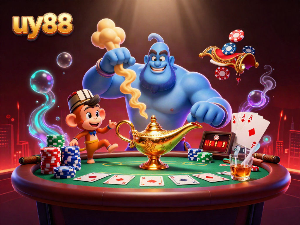Experience casino excitement at uy88 with a genie and monkey amidst poker tables and vibrant colors.