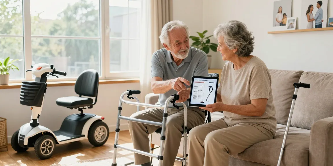 Explore options to buy nobility aids with elderly couple discussing mobility solutions in a cozy home.