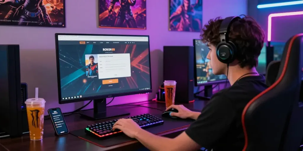 Player engaged in ROKOK88 login on dynamic gaming setup with colorful lights and interface.