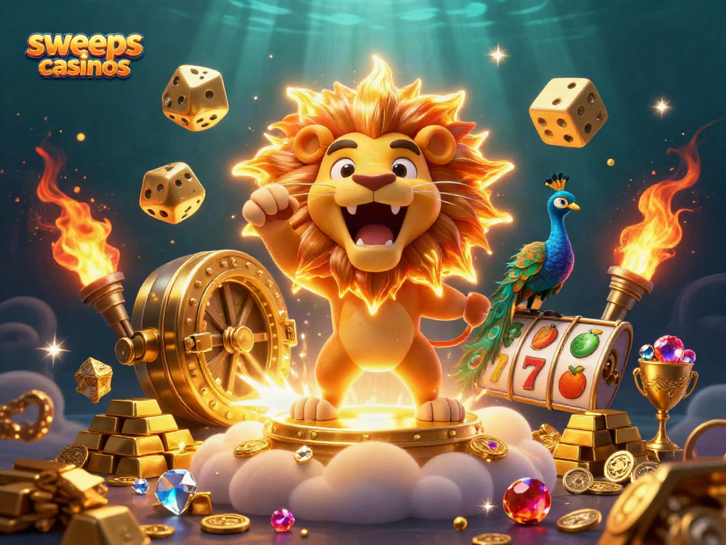 Experience exciting gameplay at sweeps casinos with vibrant golden lion, dice, and slot symbols.