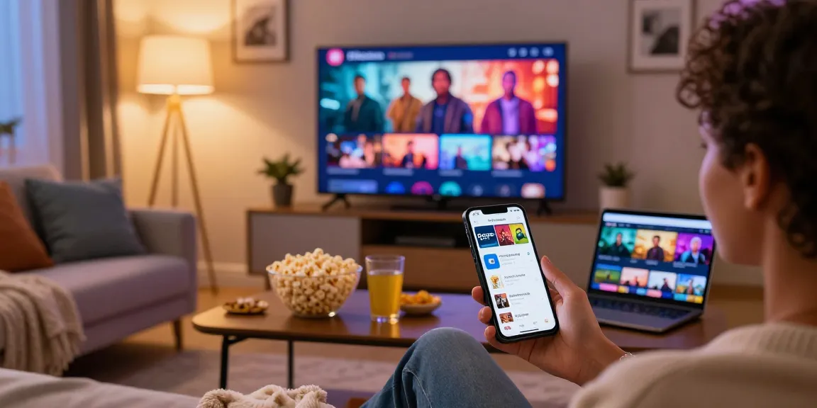 Pikashow APK streaming interface displayed on smartphone, cozy user scene with snacks and TV.