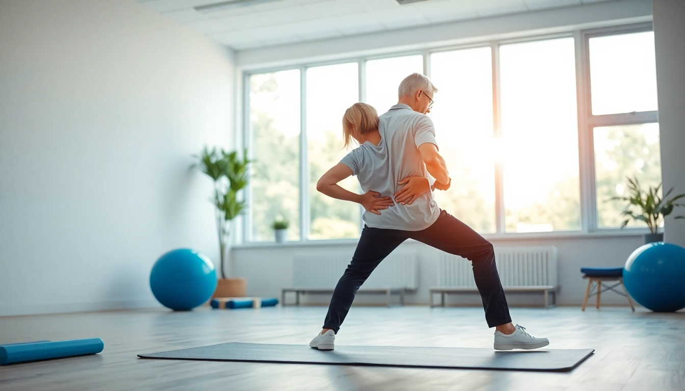 Demonstrating exercises for chronic low back pain in a bright therapy clinic.