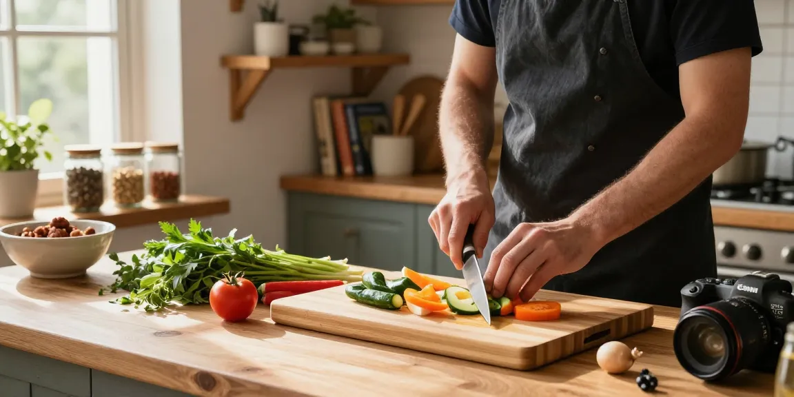 A vibrant kitchen filled with natural light featuring bamboo cutting boards, fresh vegetables, and various spices.