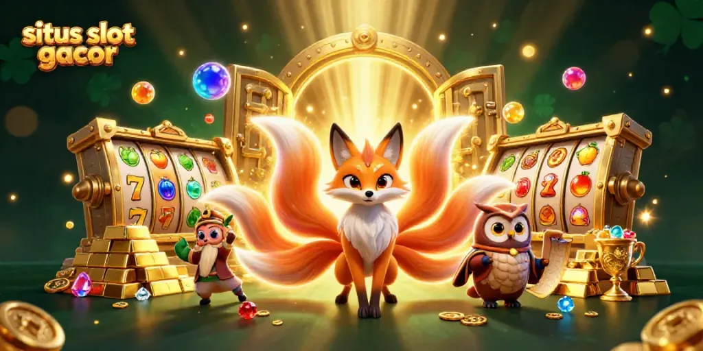 Experience the vibrant action at situs slot gacor with a colorful nine-tailed fox and glowing treasures.