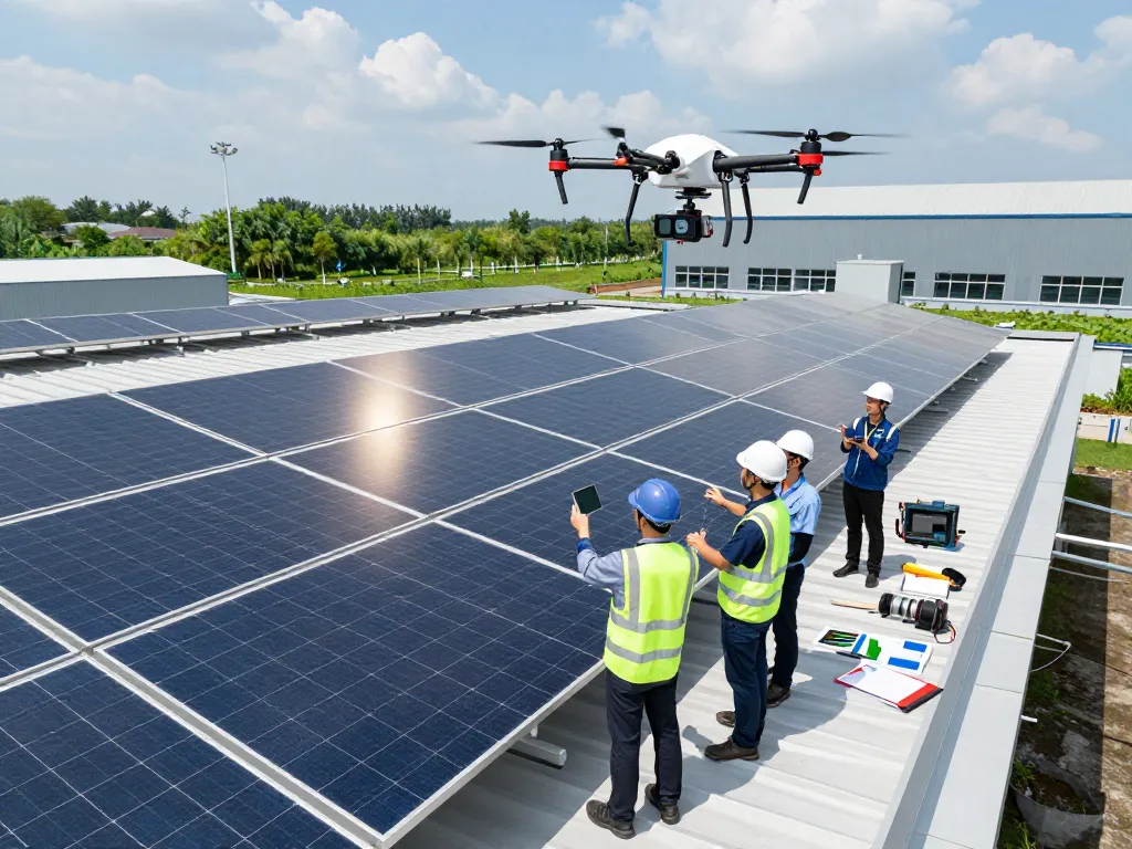 Bifaziale Solarmodule showcased in an innovative solar energy installation with engineers inspecting dual-glass panels.