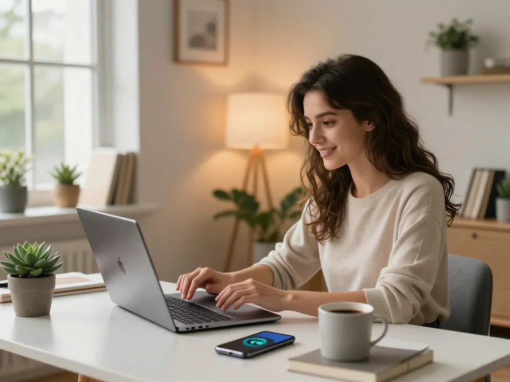 Engaging with an AI gf in a cozy home office environment.