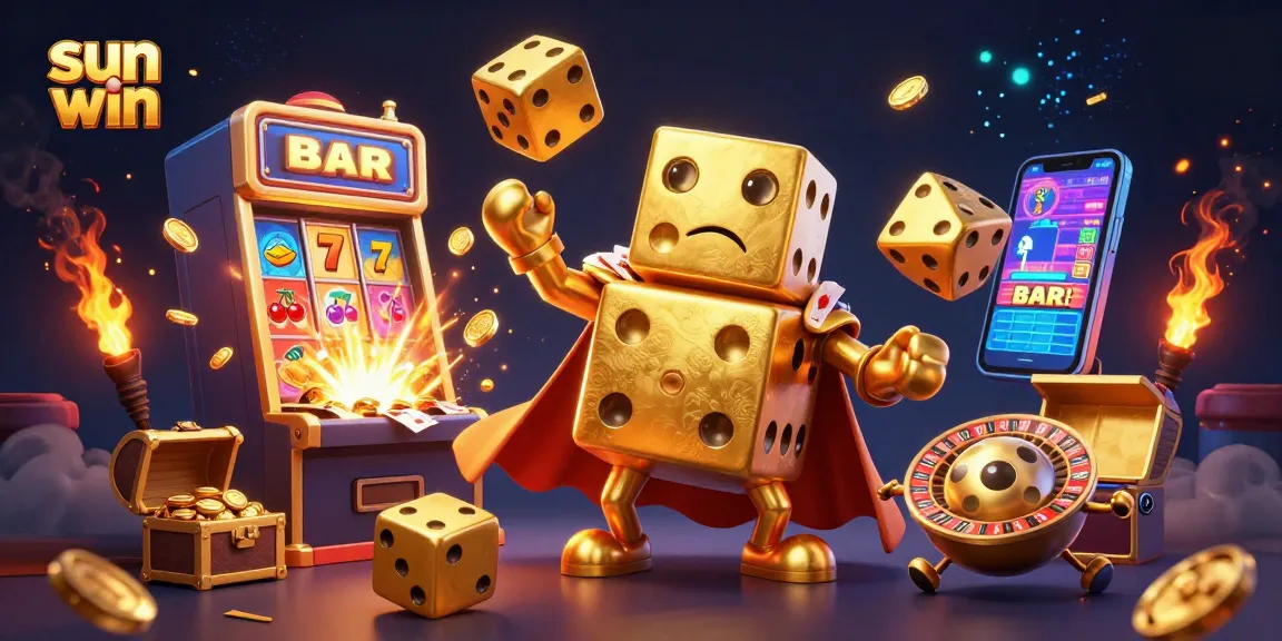 Sun win characters juggling in a vibrant casino scene with golden dice and slot machines.