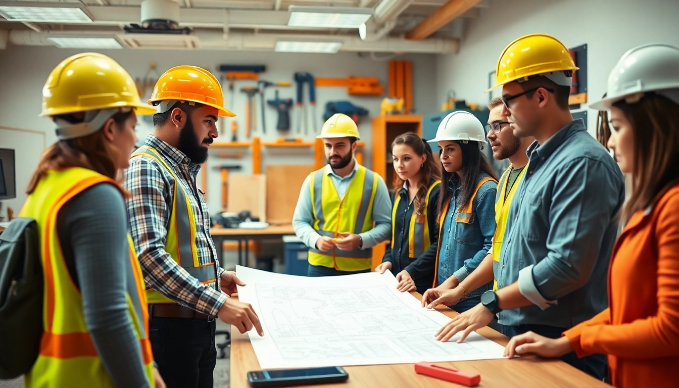 Engaged trainees in construction training programs collaborating over blueprints with safety gear.
