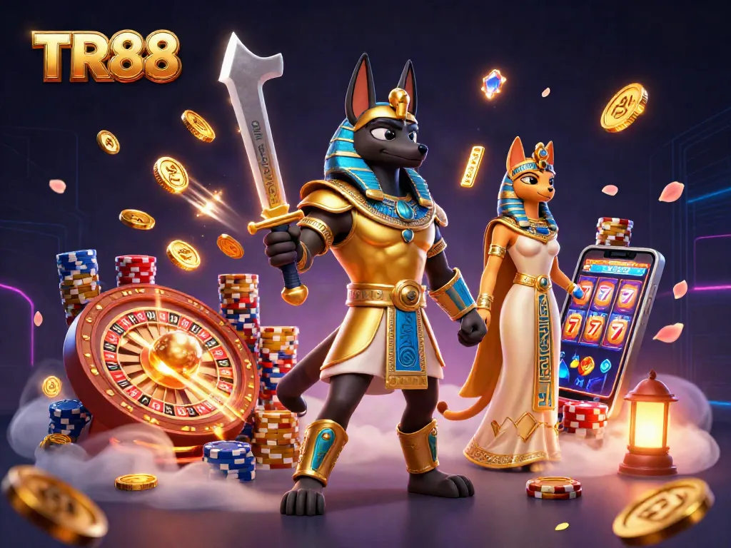 Win big with TR88 in this lively casino scene featuring Anubis, Bastet, and playful gambling elements.