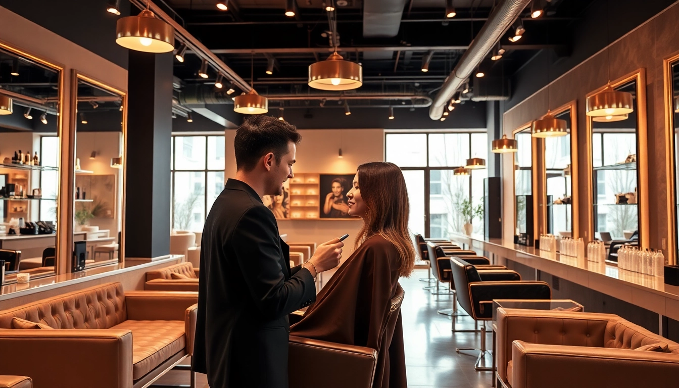 Luxury hair salons with elegant interiors and professional stylists creating beautiful hairstyles.
