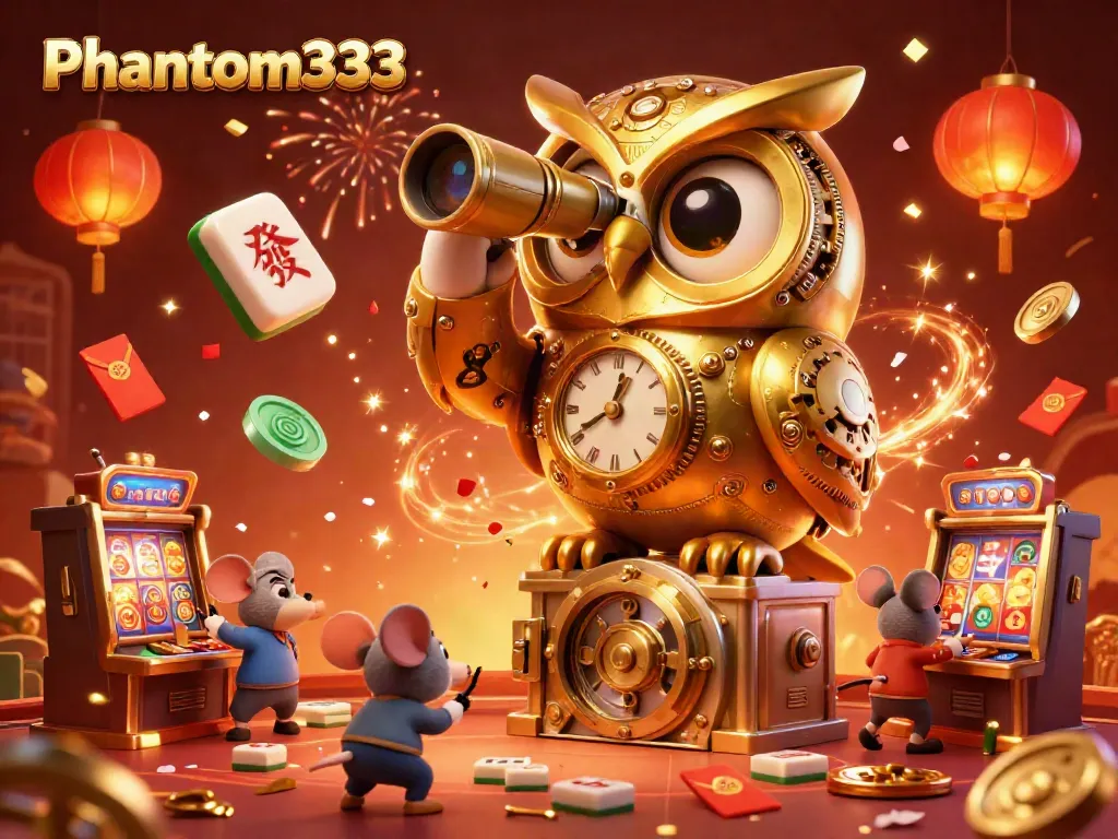 Experience Phantom333 at a vibrant casino scene with a golden owl and lucky symbols.