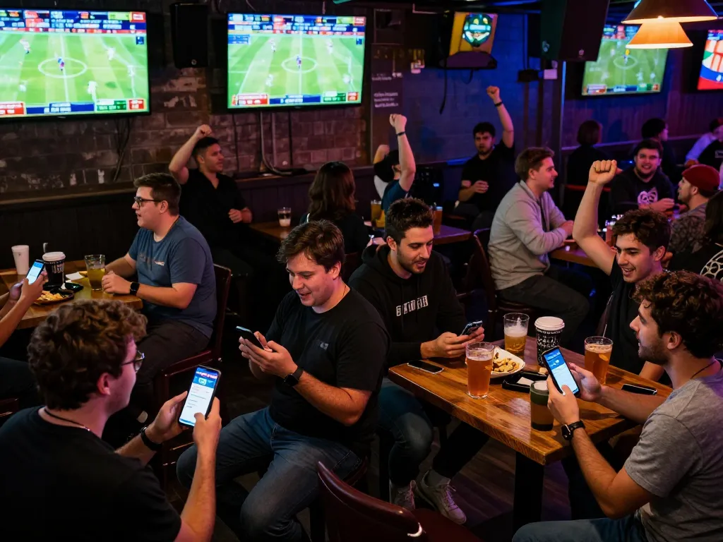 Fans using the FC88 app for live sports betting while enjoying the lively atmosphere in a bustling sports bar.