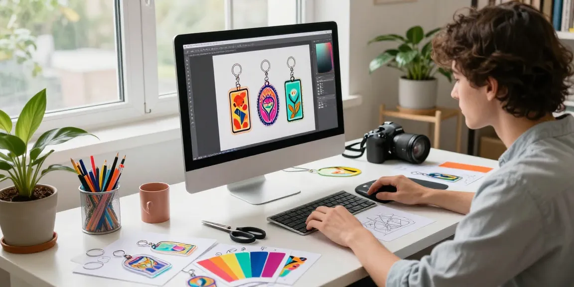 Vibrant workspace featuring custom acrylic keychain designs with colorful samples and creative tools.