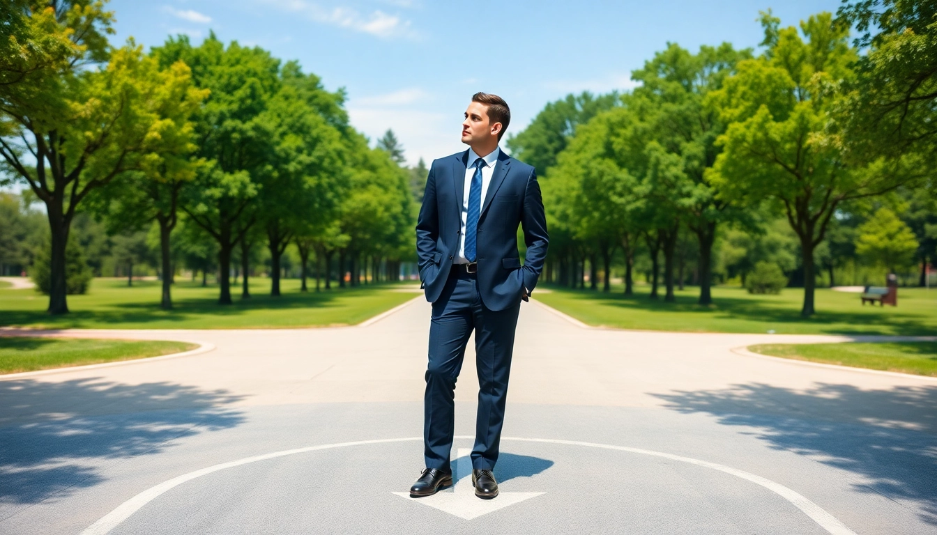 Visualizing an ideal career with a person at a career crossroads in a serene park.