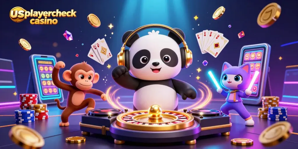 Experience the excitement of usplayercheck casino with vibrant characters amidst casino elements.