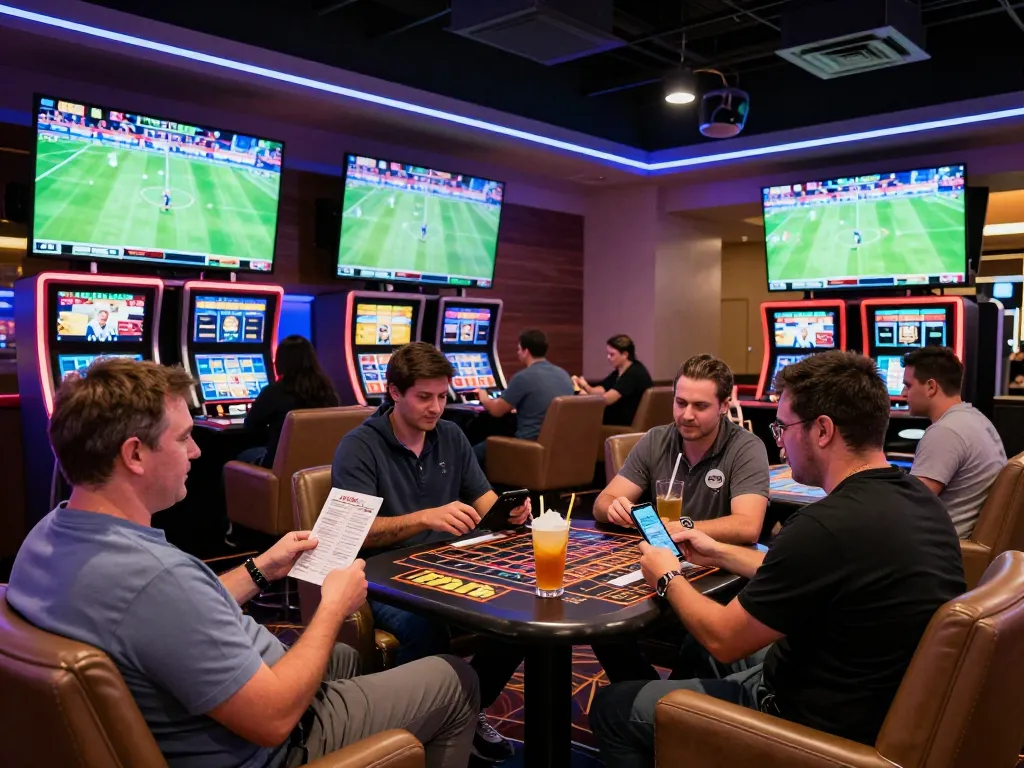 Engaged bettors analyzing odds for lc88 sports betting at a lively casino lounge with multiple screens