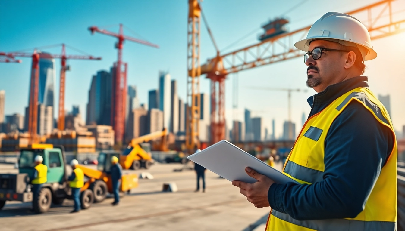 New York City General Contractor supervising a construction site with workers and cranes.