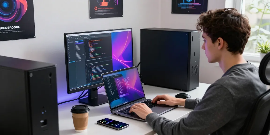 Refurbished PC workspace with a laptop and coding screen, enhancing productivity