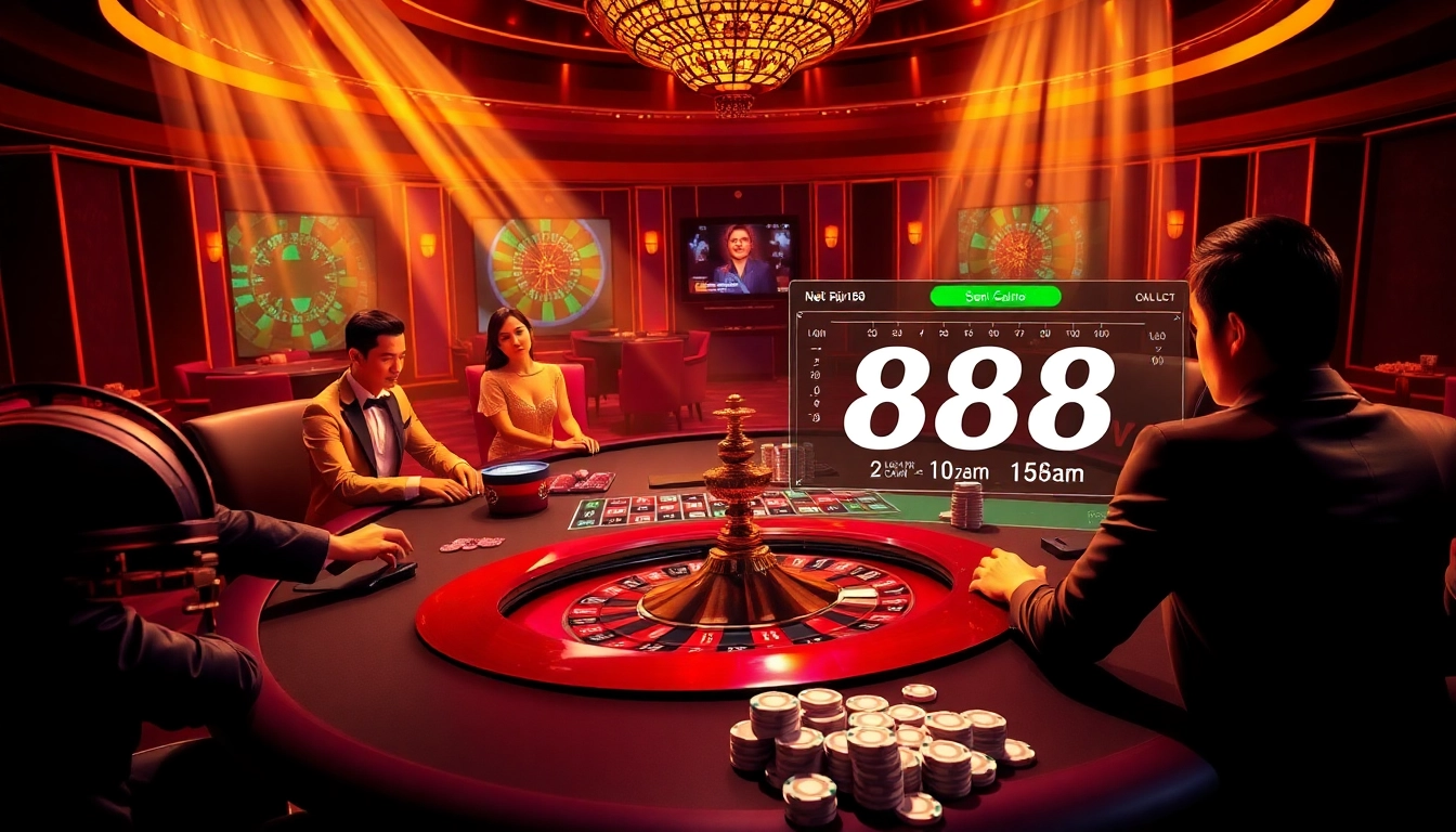 Experience Rút Tiền 888new with a secure and vibrant online casino atmosphere featuring poker players and roulette.
