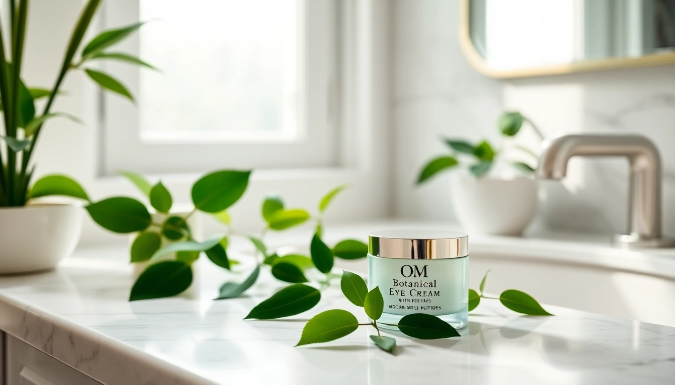 Eye cream with peptides on a marble countertop surrounded by greenery, emphasizing natural skincare.
