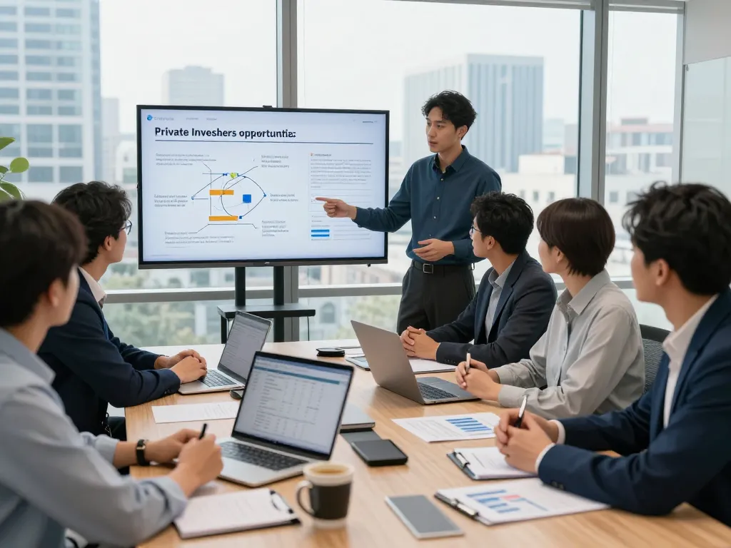 Professionals discussing private investor funding strategies in a modern office.