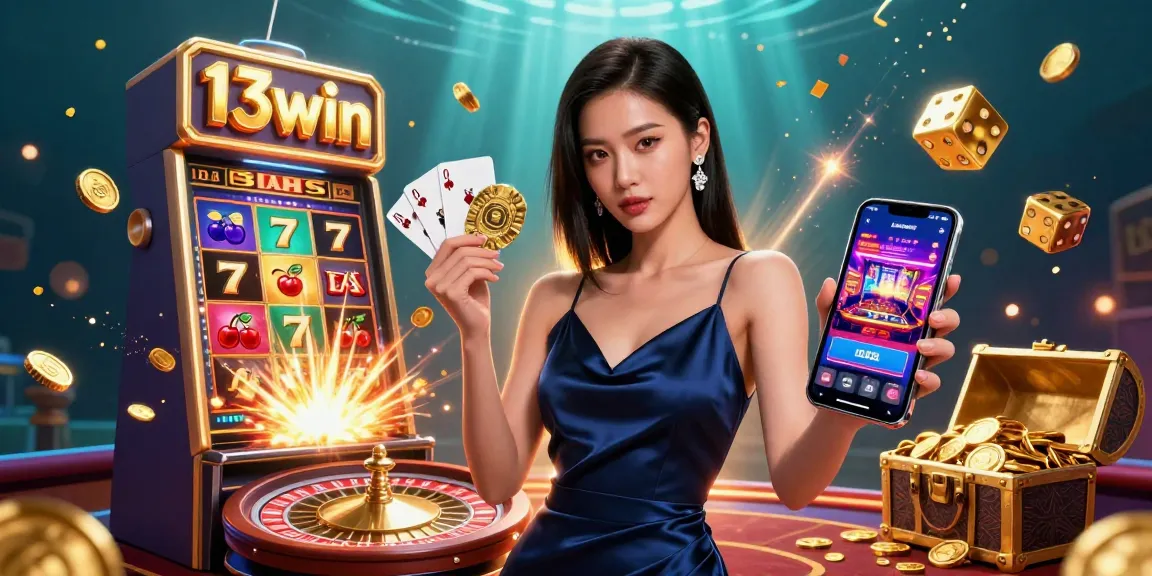 Engage with thrilling games at 13win featuring a stunning Asian woman amidst vibrant casino elements.
