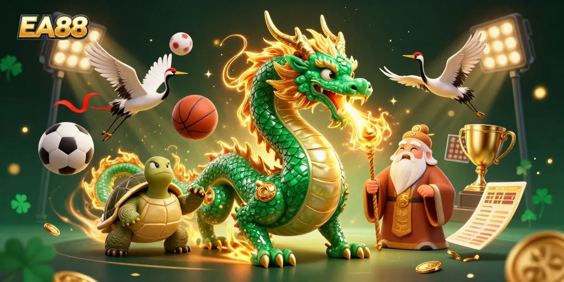 Experience the thrilling action of EA88 with a dynamic 3D scene featuring lucky symbols and sports elements.