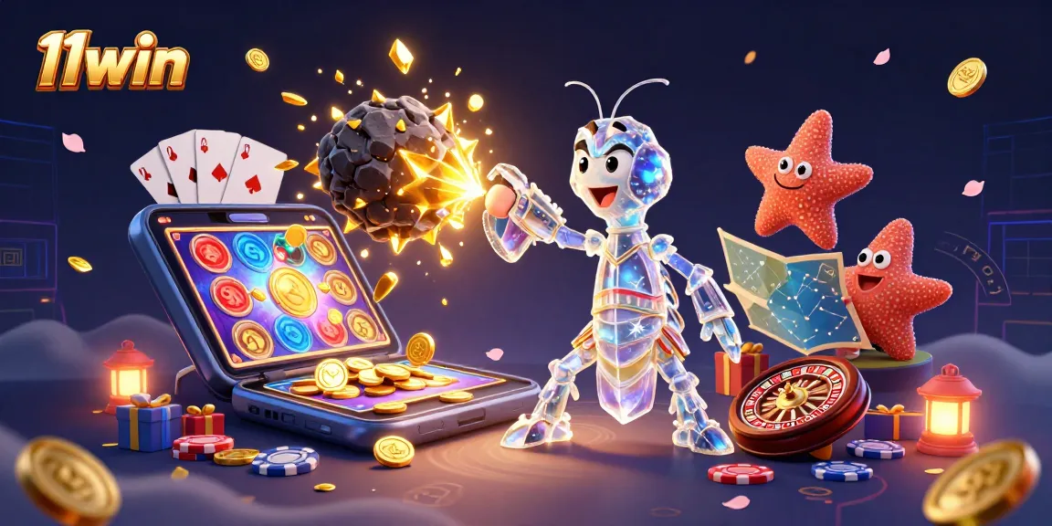 11win engages players with a vibrant 3D illustrated scene of galactic gambling excitement.