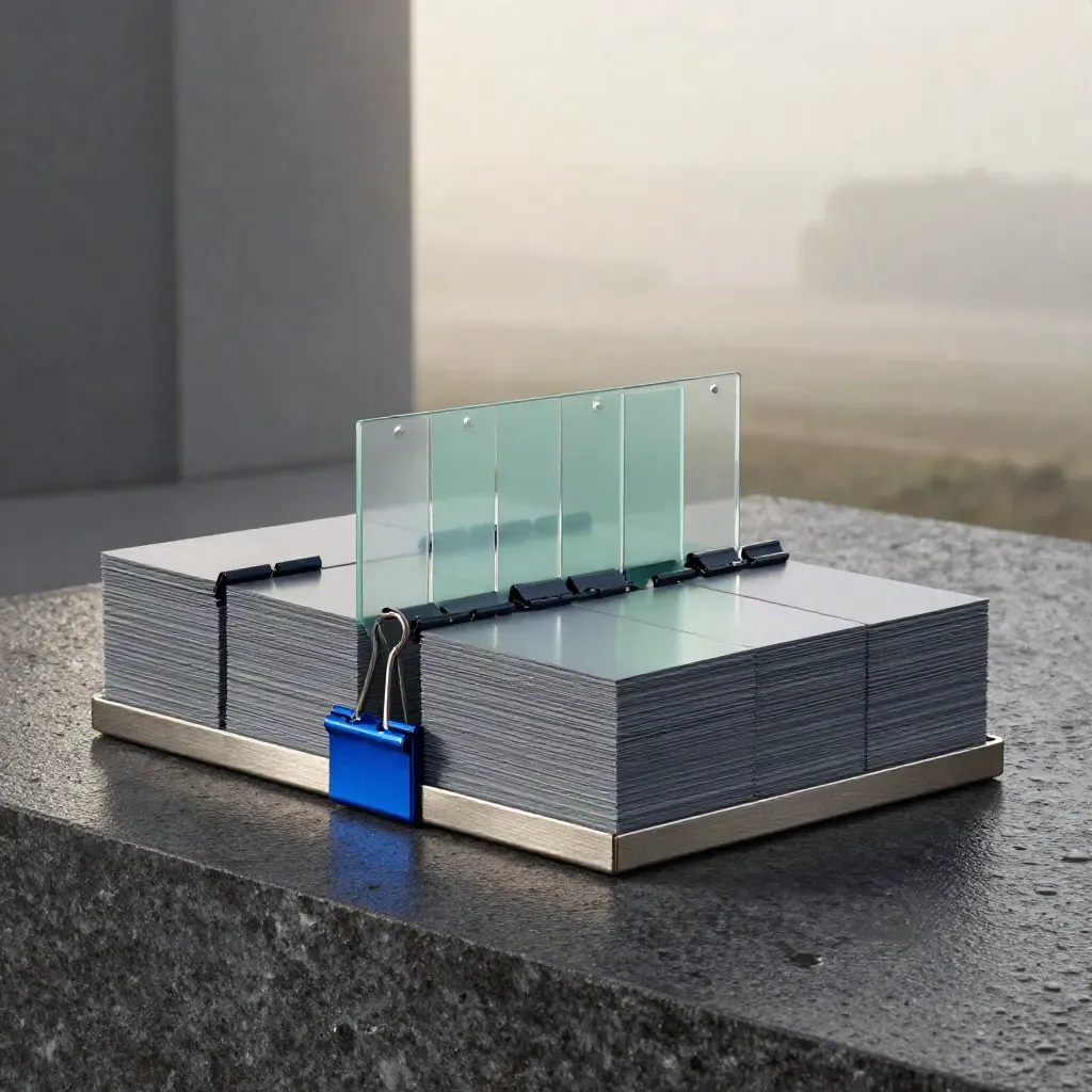 Workflow planning cards and steel bars arranged on rain-damp stone in soft dawn mist.