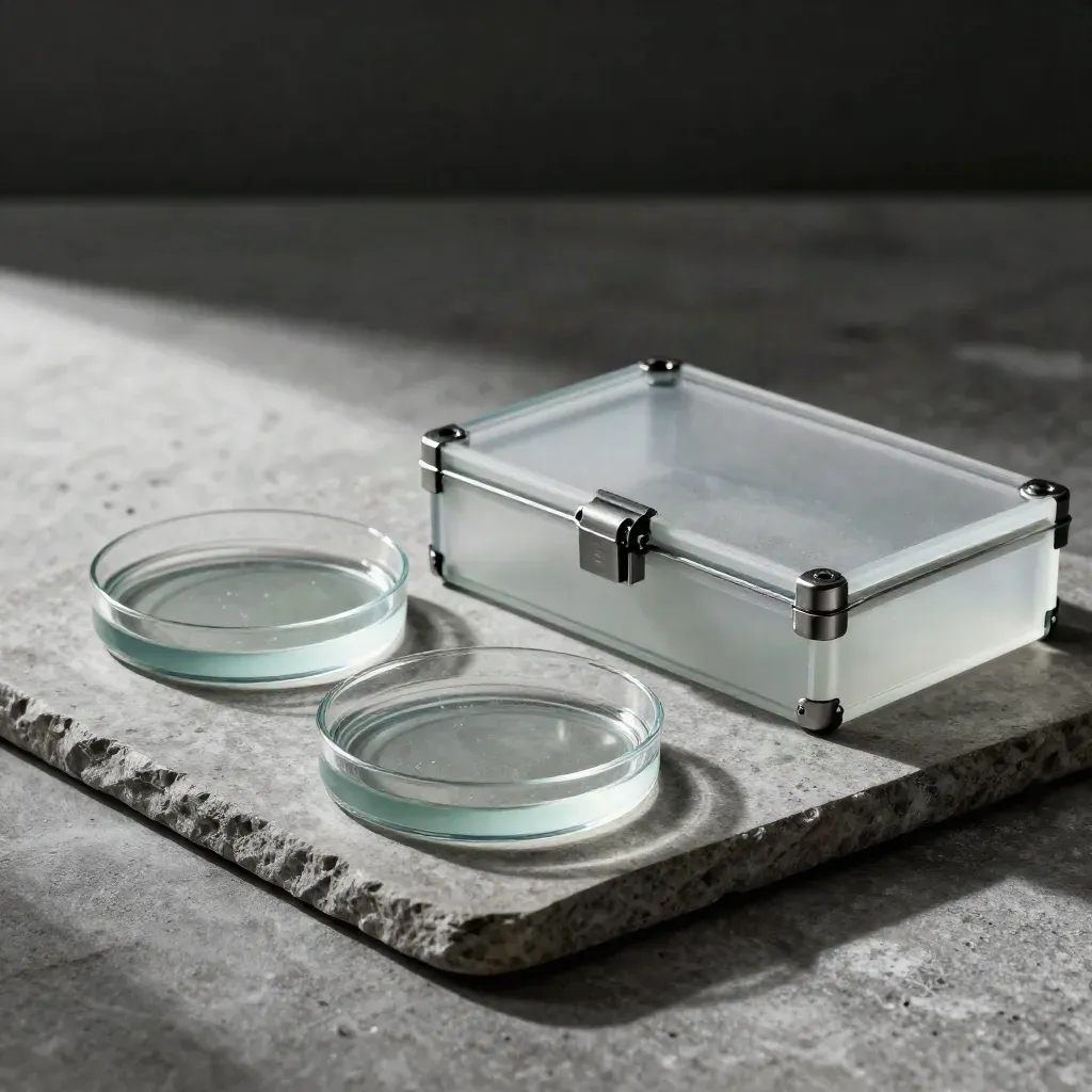 Lab still life with slide case, petri dishes, and ceramic weight on stone