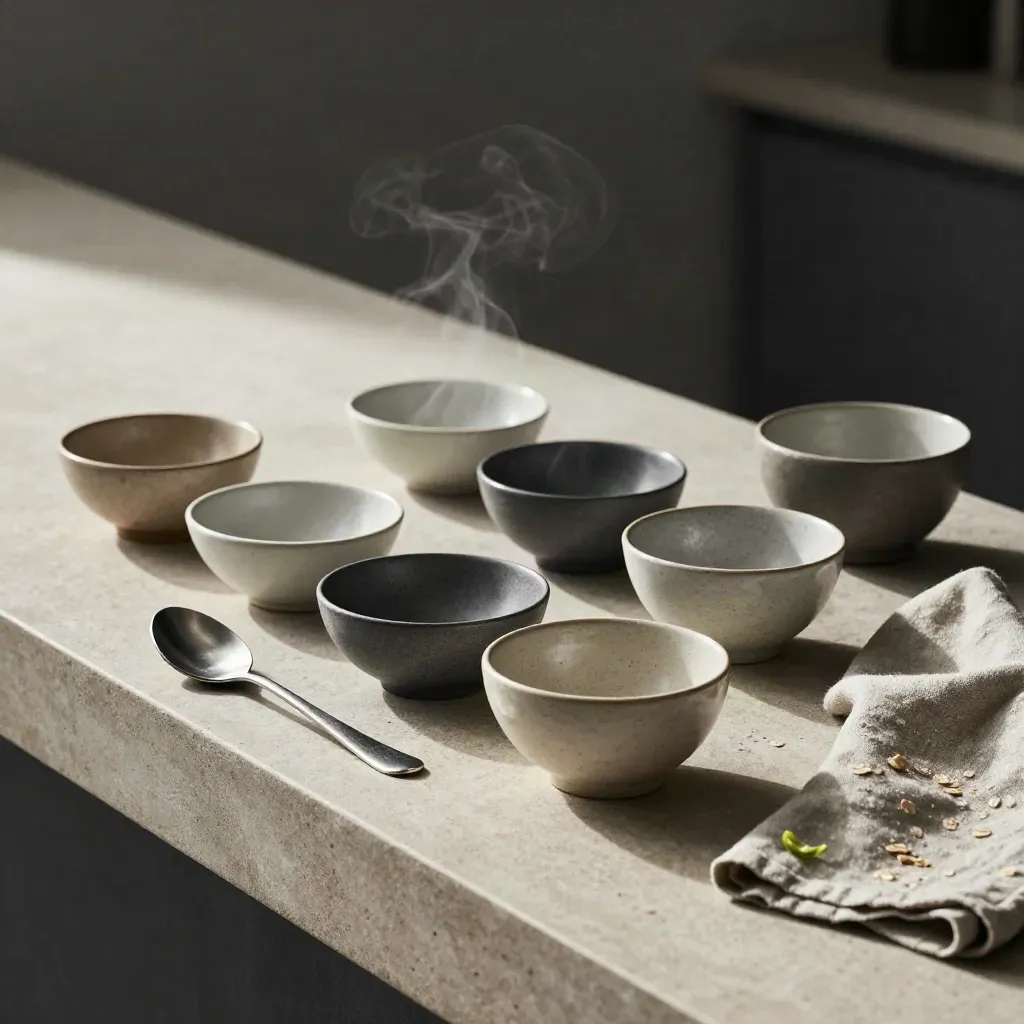 Ceramic tasting bowls, steel spoons, linen, and slate on stone with steam and lime accent