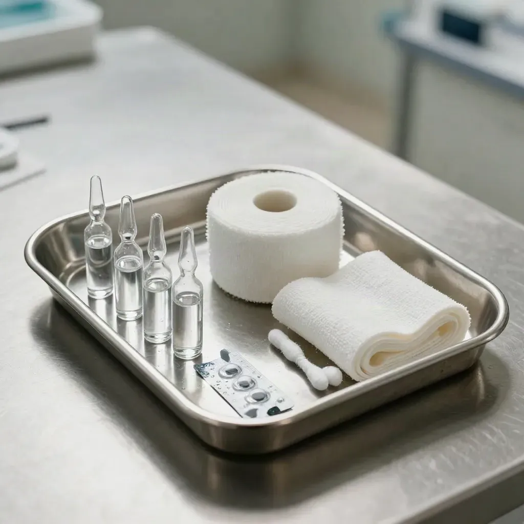Top-down medical still life with ampoules, gauze rolls, and sterile wrap on a stainless tray.