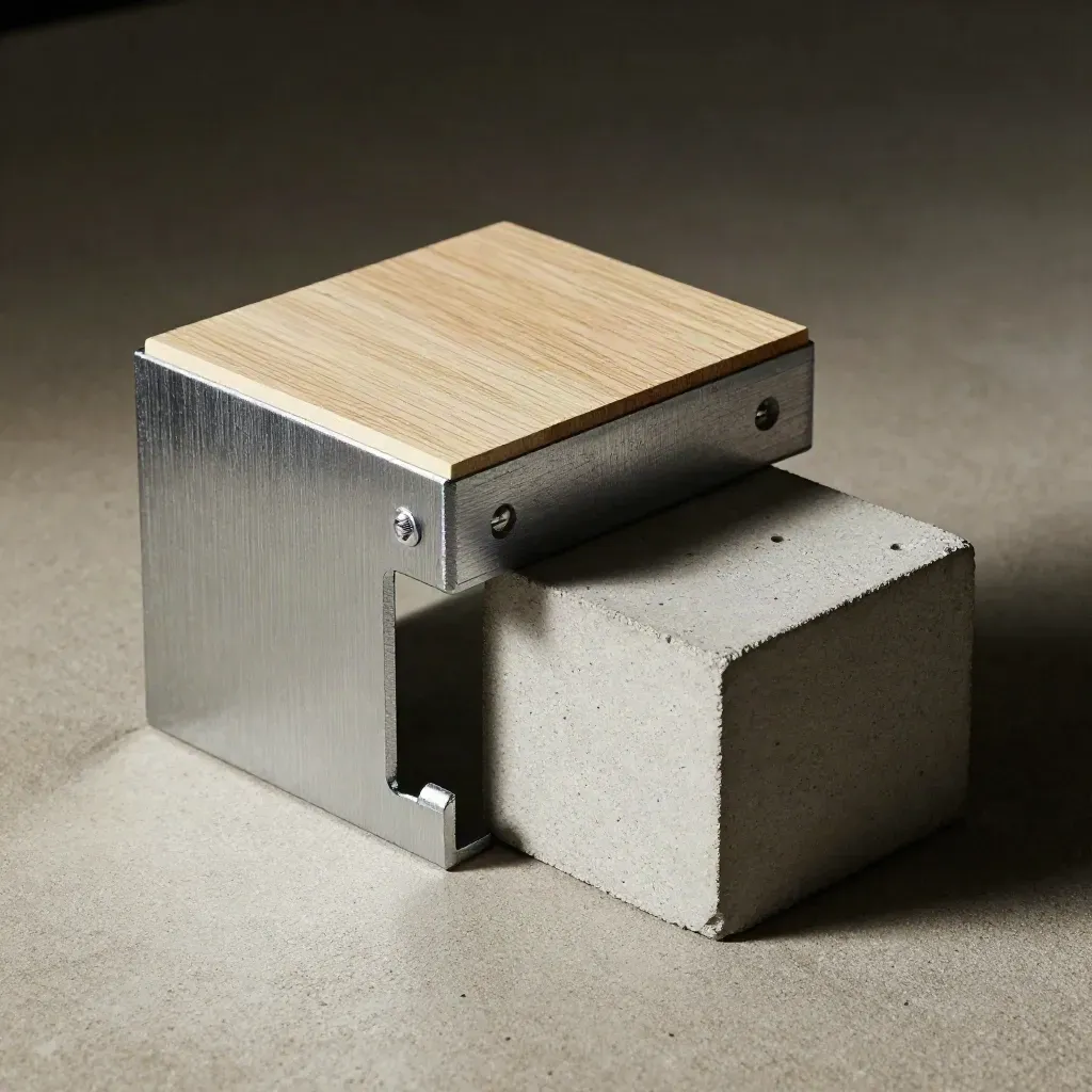 Steel brackets, oak chip, and concrete cube aligned on a sand-colored surface.