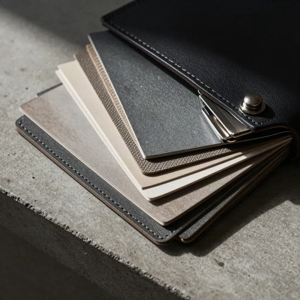 Material swatches and a leather sample folder with silver clips on concrete