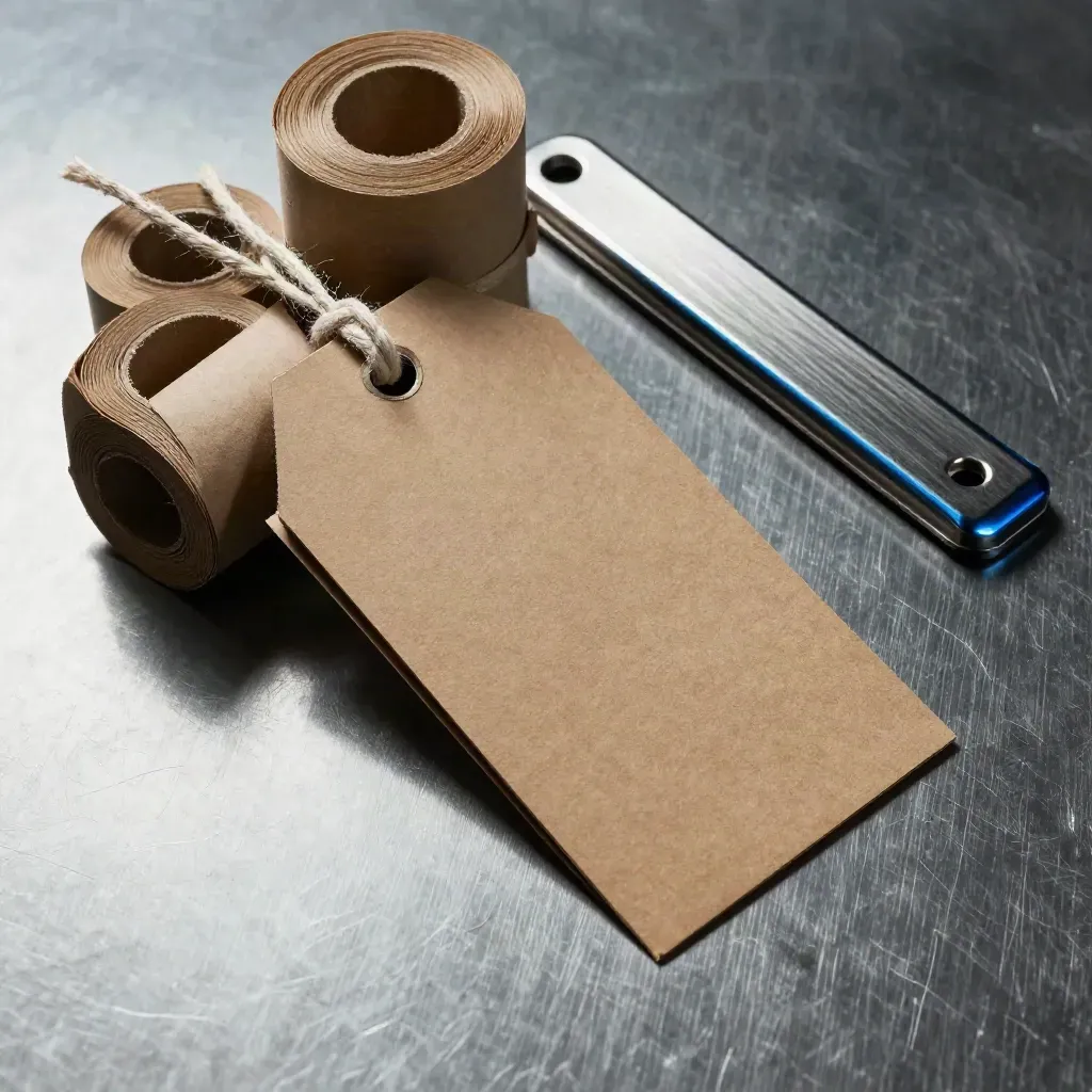 Top-down cargo tags, packing rolls and a steel bar on brushed metal with an electric-blue accent.
